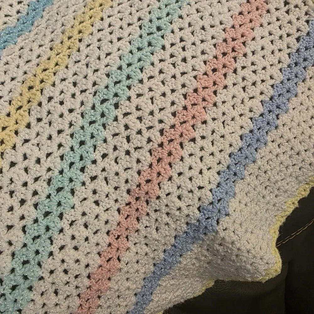 Vintage Handmade Afghan Knitted Blanket Throw‎ Multi Colored Stripe 44 X 44